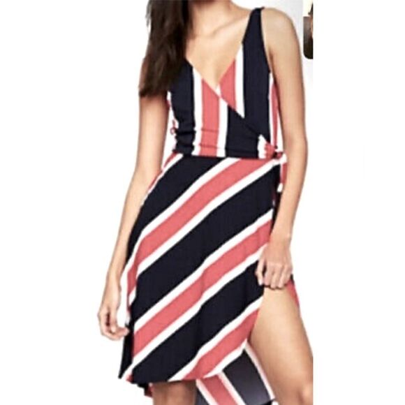 Express Wrap Dress Striped Sleeveless Flowy Stretchy V Neck High Low A Line M - Picture 1 of 10